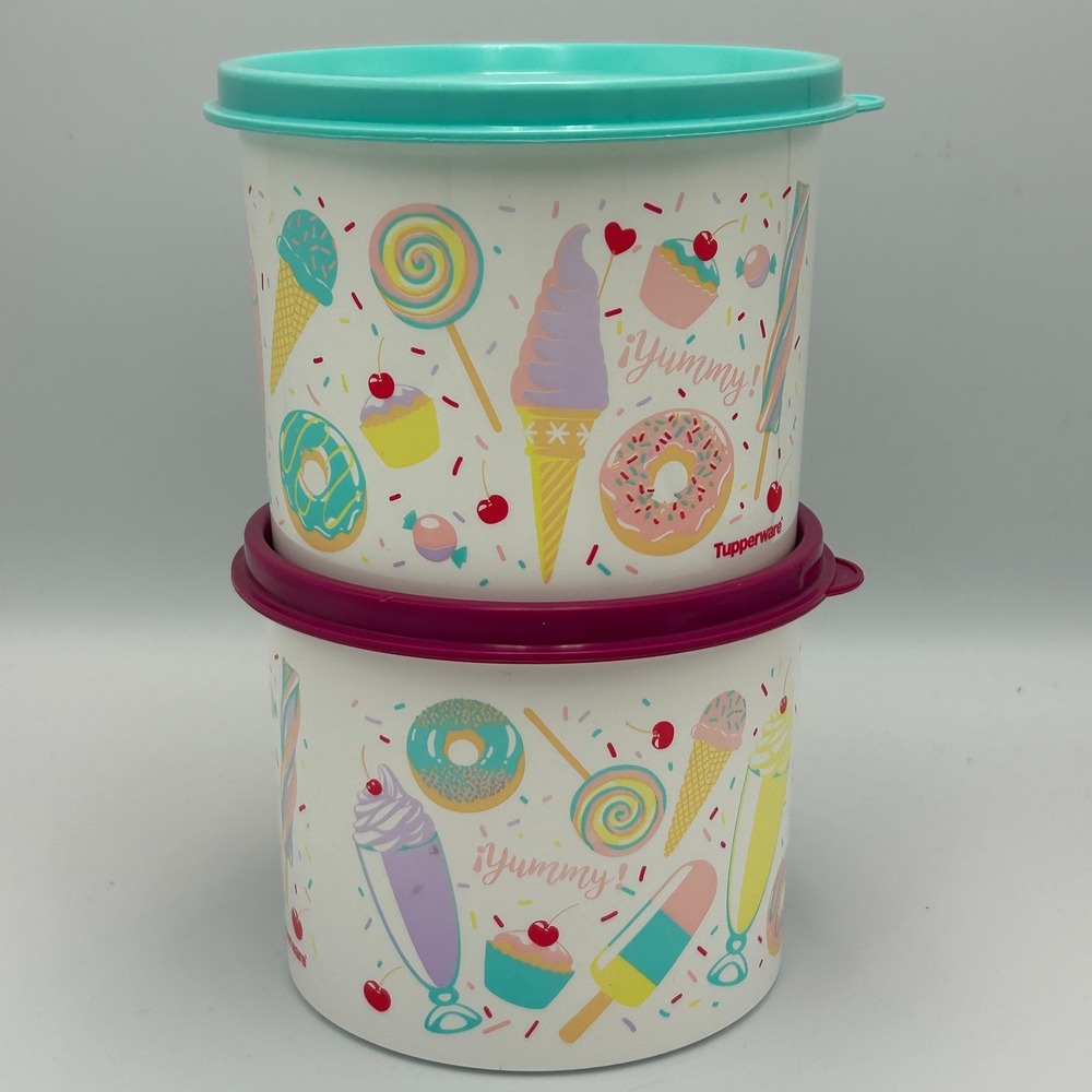 Tupperware Sweet Treats 2 Piece Set Stacking Lids Canisters Ice Cream Candy Teal